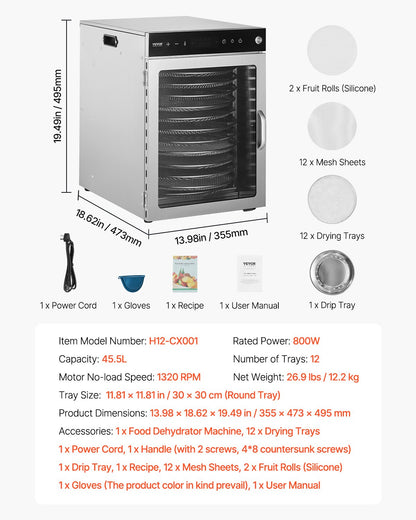 Rotierender Dörrautomat, 12 Edelstahl-Einschübe, 800-W-Elektro-Lebensmitteltrockner mit einstellbarer Temperatur und 24-Stunden-Timer, Gefriertrockner für Trockenfleisch, Fleisch, Obst, Gemüse, Kräuter, Hundeleckerlis