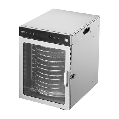 Rotierender Dörrautomat, 12 Edelstahl-Einschübe, 800-W-Elektro-Lebensmitteltrockner mit einstellbarer Temperatur und 24-Stunden-Timer, Gefriertrockner für Trockenfleisch, Fleisch, Obst, Gemüse, Kräuter, Hundeleckerlis