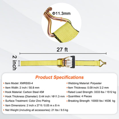Ratschen-Spanngurte (4er-Pack), 4536 kg Bruchlast, Doppel-J-Haken. Enthält 4 hochwertige 5 cm x 8,23 m Ratschen-Spanngurte mit gepolsterten Griffen zum Sichern von Ladung, Haushaltsgeräten und Gartengeräten.