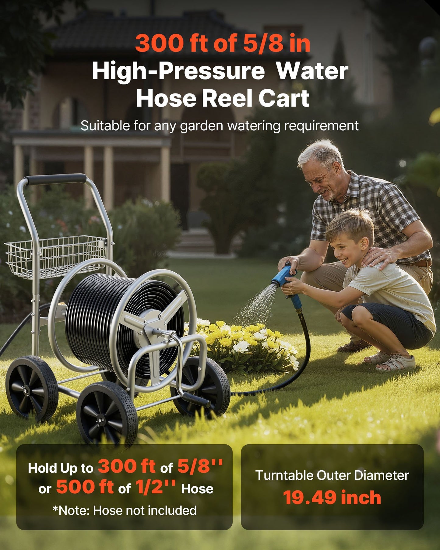 Hose Reel Cart, Hold Up to 91.44 m of 1.59 cm Hose, Garden Water Hose Carts Mobile Tools with 4 Wheels, Heavy Duty Powder-coated Steel Outdoor Planting with Storage Basket, for Garden, Yard, Lawn