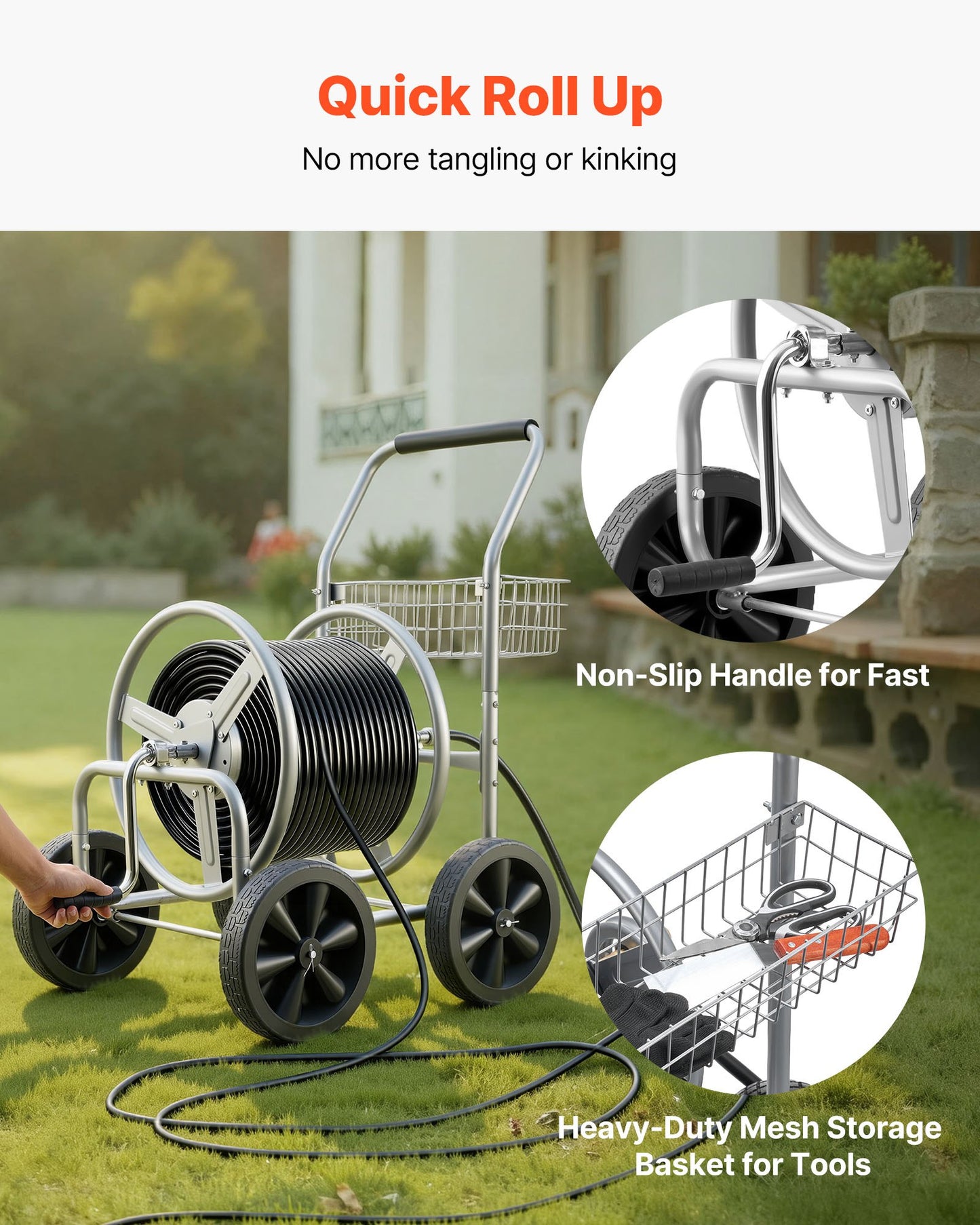 Hose Reel Cart, Hold Up to 91.44 m of 1.59 cm Hose, Garden Water Hose Carts Mobile Tools with 4 Wheels, Heavy Duty Powder-coated Steel Outdoor Planting with Storage Basket, for Garden, Yard, Lawn