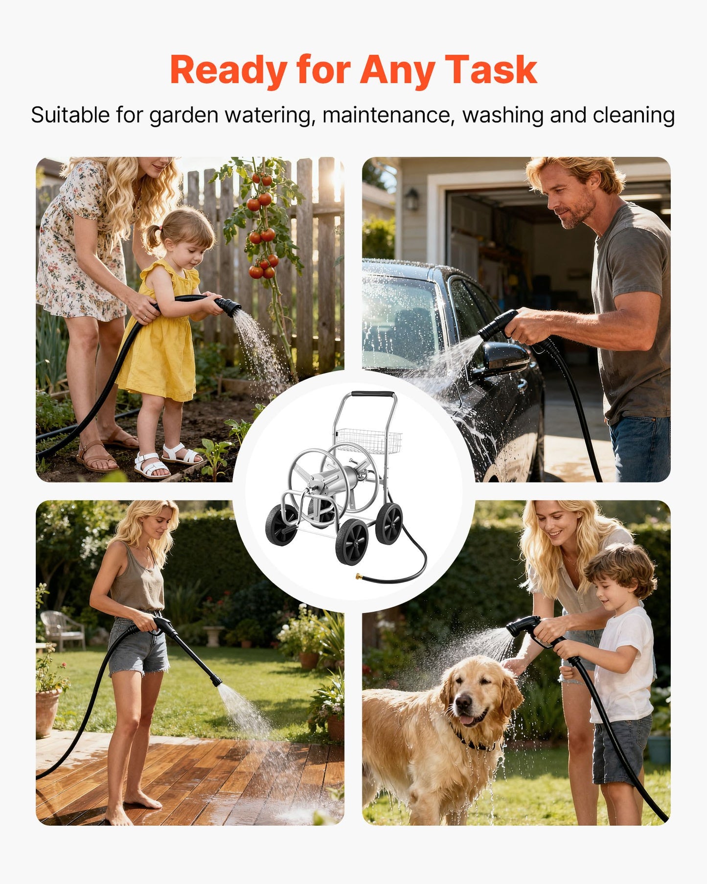 Hose Reel Cart, Hold Up to 91.44 m of 1.59 cm Hose, Garden Water Hose Carts Mobile Tools with 4 Wheels, Heavy Duty Powder-coated Steel Outdoor Planting with Storage Basket, for Garden, Yard, Lawn