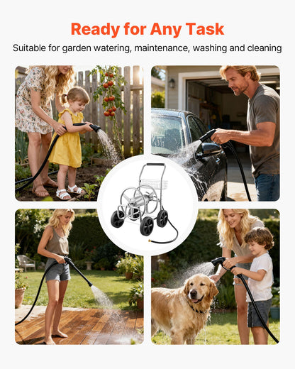 Hose Reel Cart, Hold Up to 91.44 m of 1.59 cm Hose, Garden Water Hose Carts Mobile Tools with 4 Wheels, Heavy Duty Powder-coated Steel Outdoor Planting with Storage Basket, for Garden, Yard, Lawn
