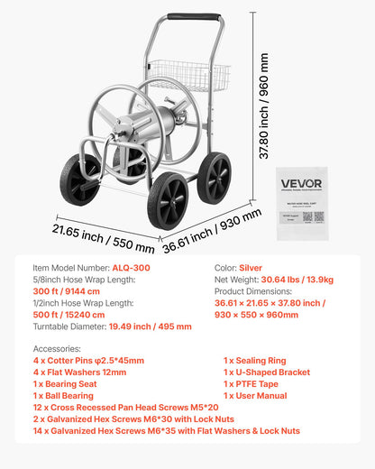 Hose Reel Cart, Hold Up to 91.44 m of 1.59 cm Hose, Garden Water Hose Carts Mobile Tools with 4 Wheels, Heavy Duty Powder-coated Steel Outdoor Planting with Storage Basket, for Garden, Yard, Lawn