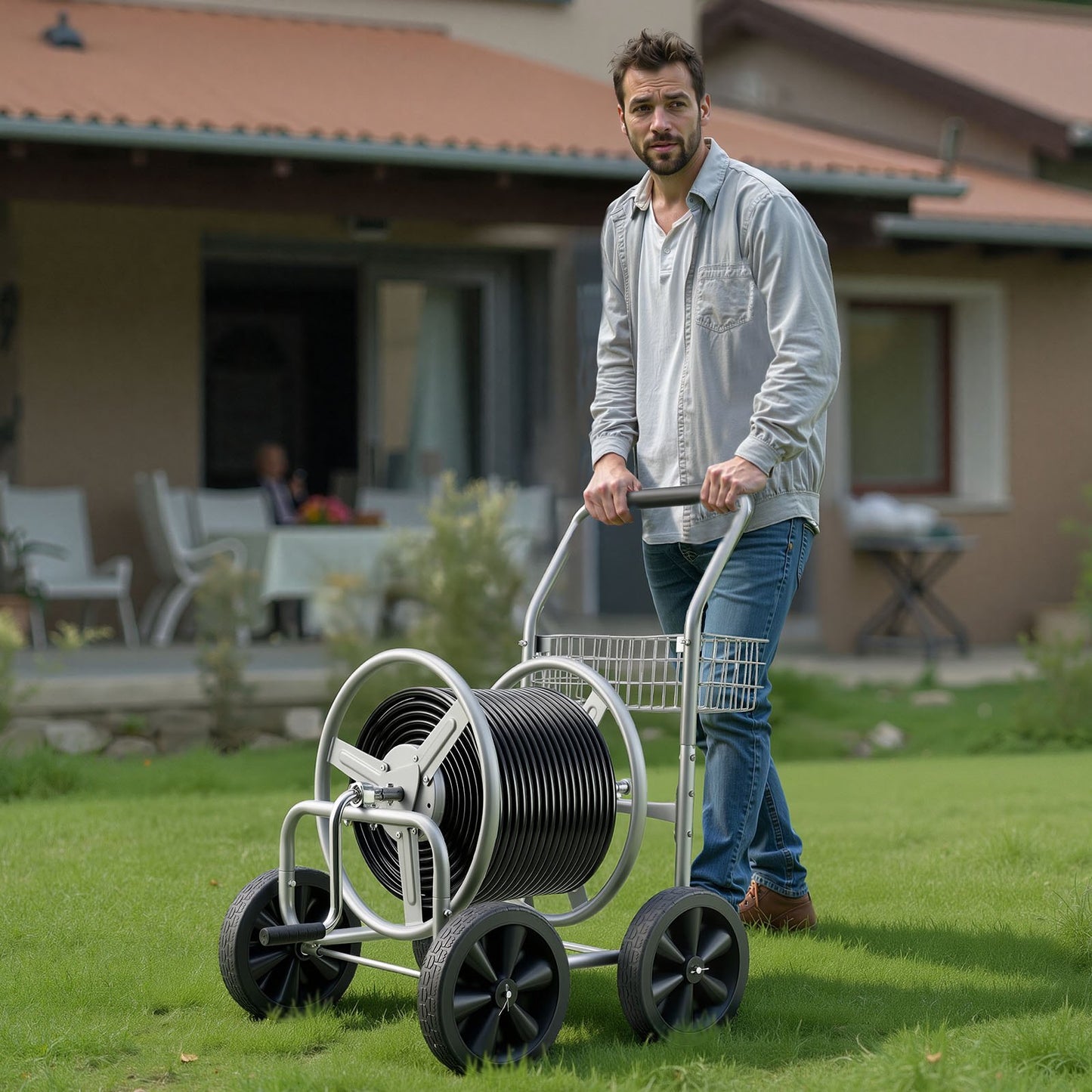 Hose Reel Cart, Hold Up to 91.44 m of 1.59 cm Hose, Garden Water Hose Carts Mobile Tools with 4 Wheels, Heavy Duty Powder-coated Steel Outdoor Planting with Storage Basket, for Garden, Yard, Lawn