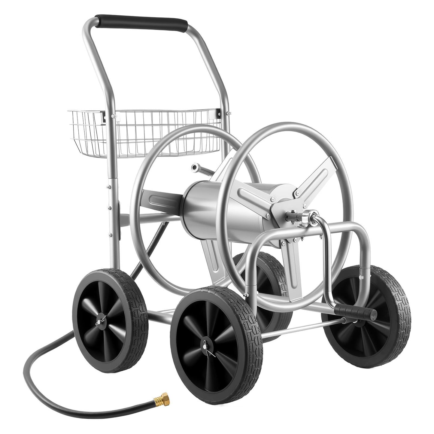 Hose Reel Cart, Hold Up to 91.44 m of 1.59 cm Hose, Garden Water Hose Carts Mobile Tools with 4 Wheels, Heavy Duty Powder-coated Steel Outdoor Planting with Storage Basket, for Garden, Yard, Lawn