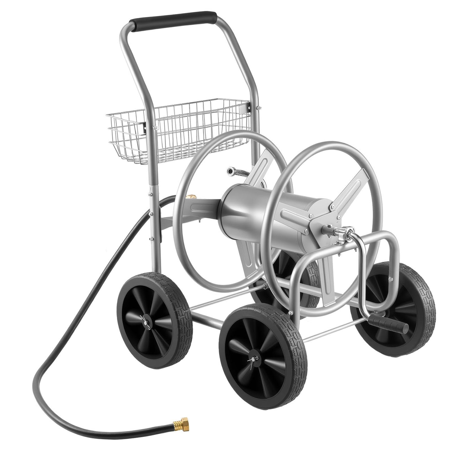 Hose Reel Cart, Hold Up to 91.44 m of 1.59 cm Hose, Garden Water Hose Carts Mobile Tools with 4 Wheels, Heavy Duty Powder-coated Steel Outdoor Planting with Storage Basket, for Garden, Yard, Lawn