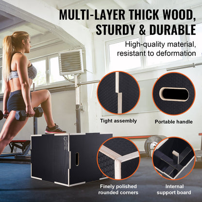 3-in-1 Plyo-Sprungbox, 76/61/51 cm (30/24/20 Zoll) Plyo-Box aus Holz, Plattform &amp; Sprungbox, rutschfeste Fitness-Step-Up-Box für Heimtraining, Konditionstraining, Schwarz