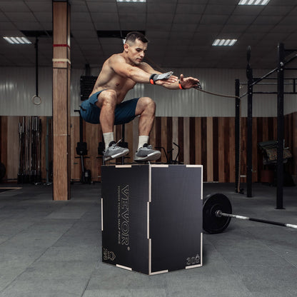 3-in-1 Plyo-Sprungbox, 76/61/51 cm (30/24/20 Zoll) Plyo-Box aus Holz, Plattform &amp; Sprungbox, rutschfeste Fitness-Step-Up-Box für Heimtraining, Konditionstraining, Schwarz