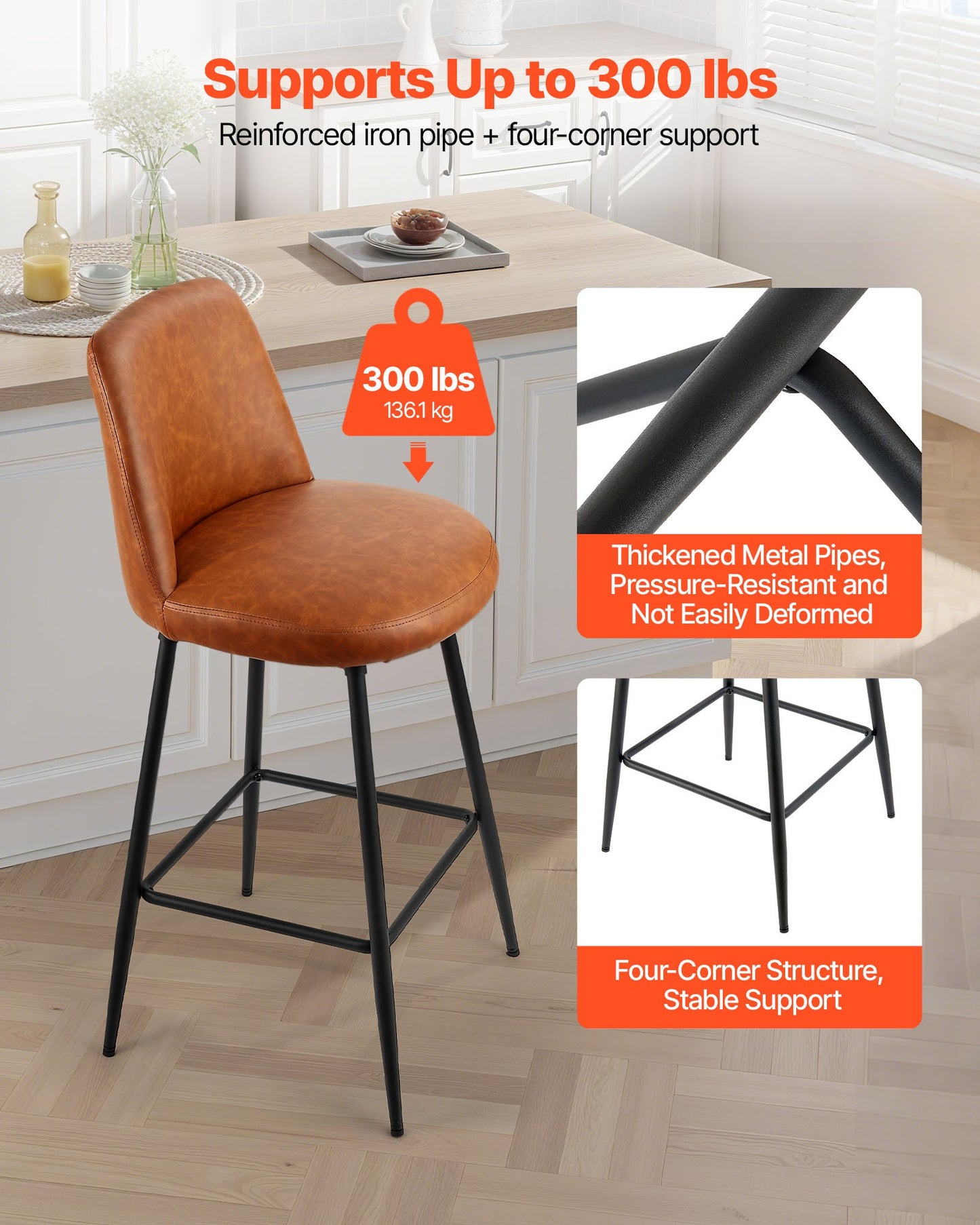 Bar Stool Set of 3, 69cm Counter Height Swivel Stools, Modern PU Leather Counter Barstool with Backrest and Metal Legs, Armless Bar Chair, Island Barstool for Kitchen, Dining Room, Brown