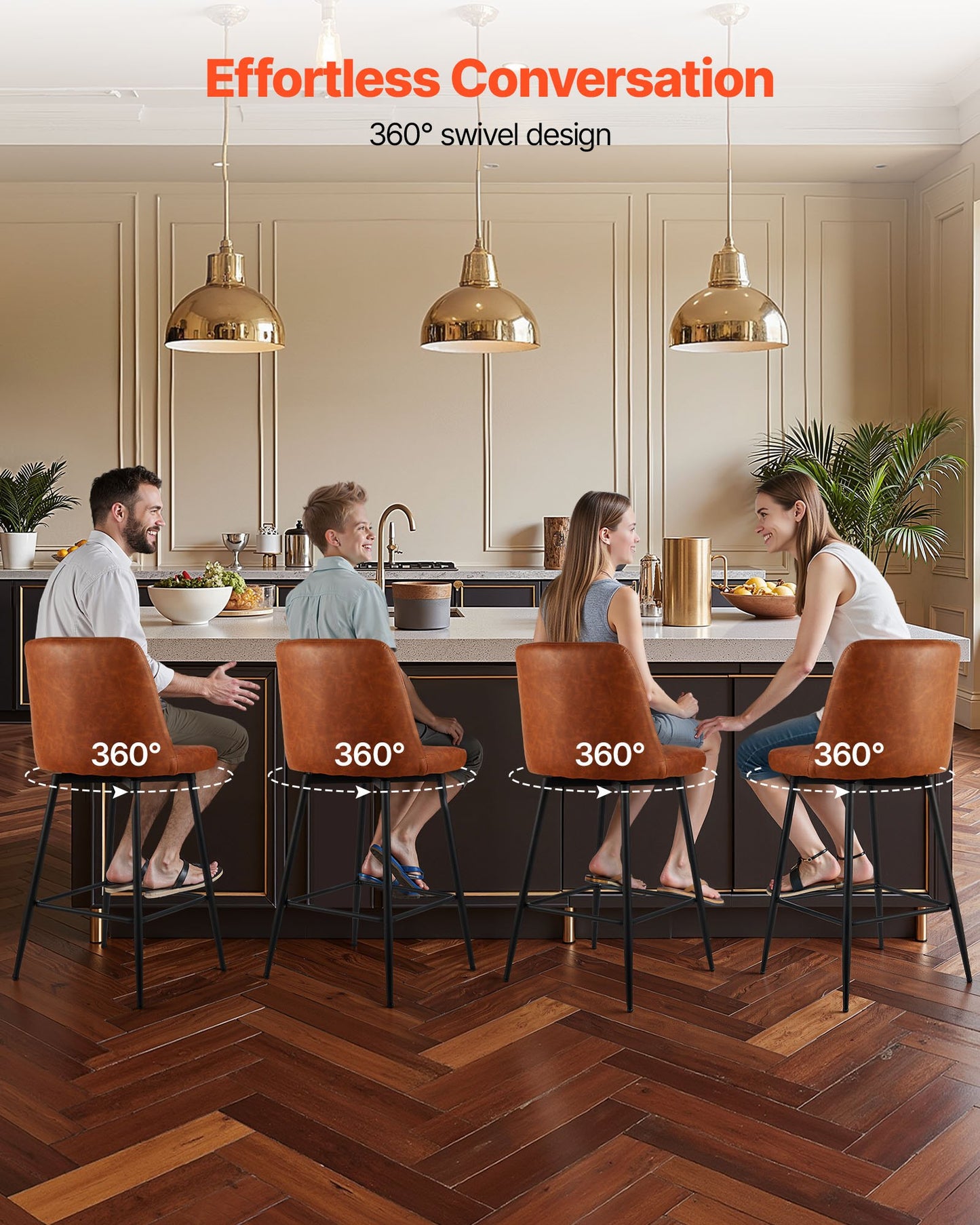 Bar Stool Set of 3, 69cm Counter Height Swivel Stools, Modern PU Leather Counter Barstool with Backrest and Metal Legs, Armless Bar Chair, Island Barstool for Kitchen, Dining Room, Brown