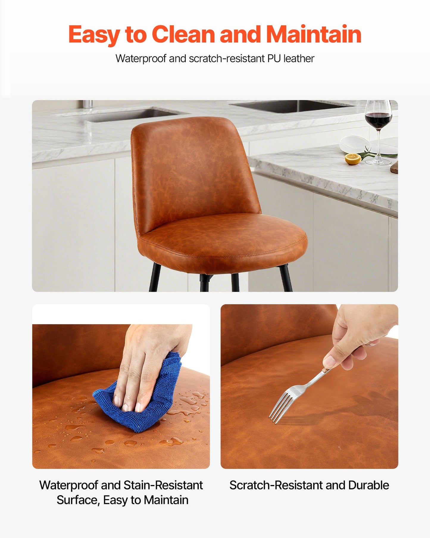 Bar Stool Set of 3, 69cm Counter Height Swivel Stools, Modern PU Leather Counter Barstool with Backrest and Metal Legs, Armless Bar Chair, Island Barstool for Kitchen, Dining Room, Brown