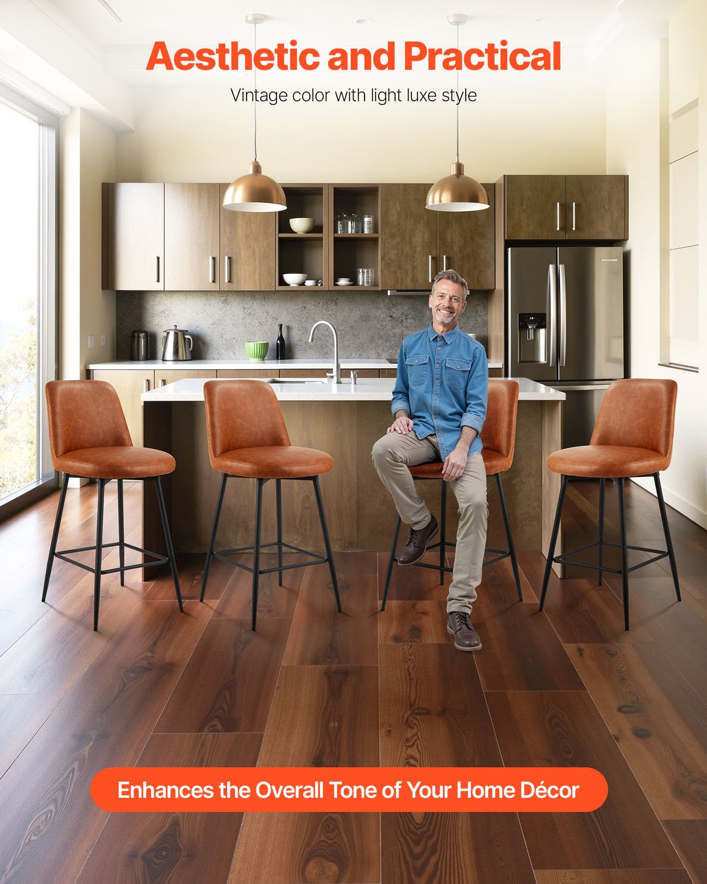 Bar Stool Set of 3, 69cm Counter Height Swivel Stools, Modern PU Leather Counter Barstool with Backrest and Metal Legs, Armless Bar Chair, Island Barstool for Kitchen, Dining Room, Brown