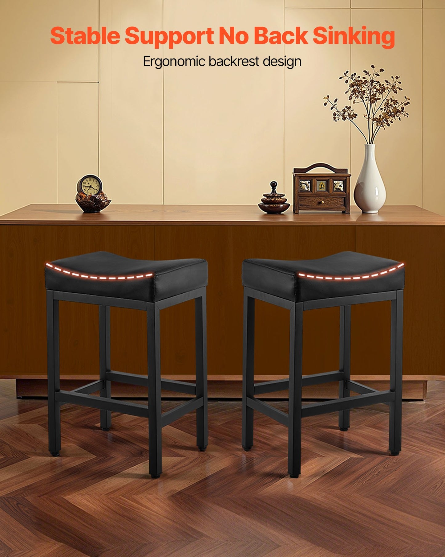 Bar Stool Set of 2, PU Leather Counter Height Stools, 62cm Barstool with Saddle-Seat and Metal Legs, Easy Assembly Backless Bar Chair, Island Barstools for Kitchen, Dining Room, Cafe, Black