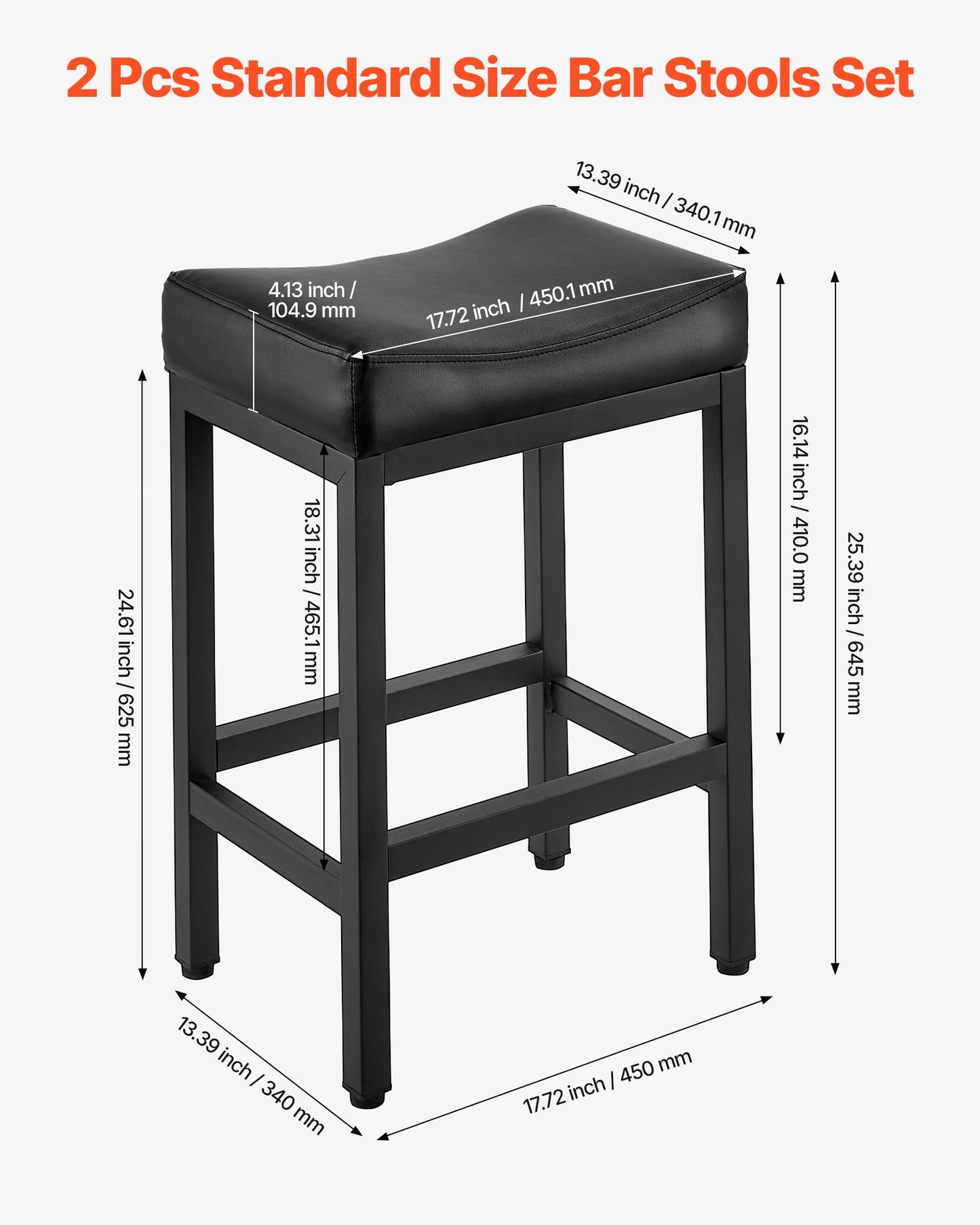 Bar Stool Set of 2, PU Leather Counter Height Stools, 62cm Barstool with Saddle-Seat and Metal Legs, Easy Assembly Backless Bar Chair, Island Barstools for Kitchen, Dining Room, Cafe, Black