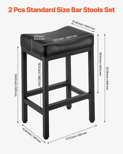 Bar Stool Set of 2, PU Leather Counter Height Stools, 62cm Barstool with Saddle-Seat and Metal Legs, Easy Assembly Backless Bar Chair, Island Barstools for Kitchen, Dining Room, Cafe, Black