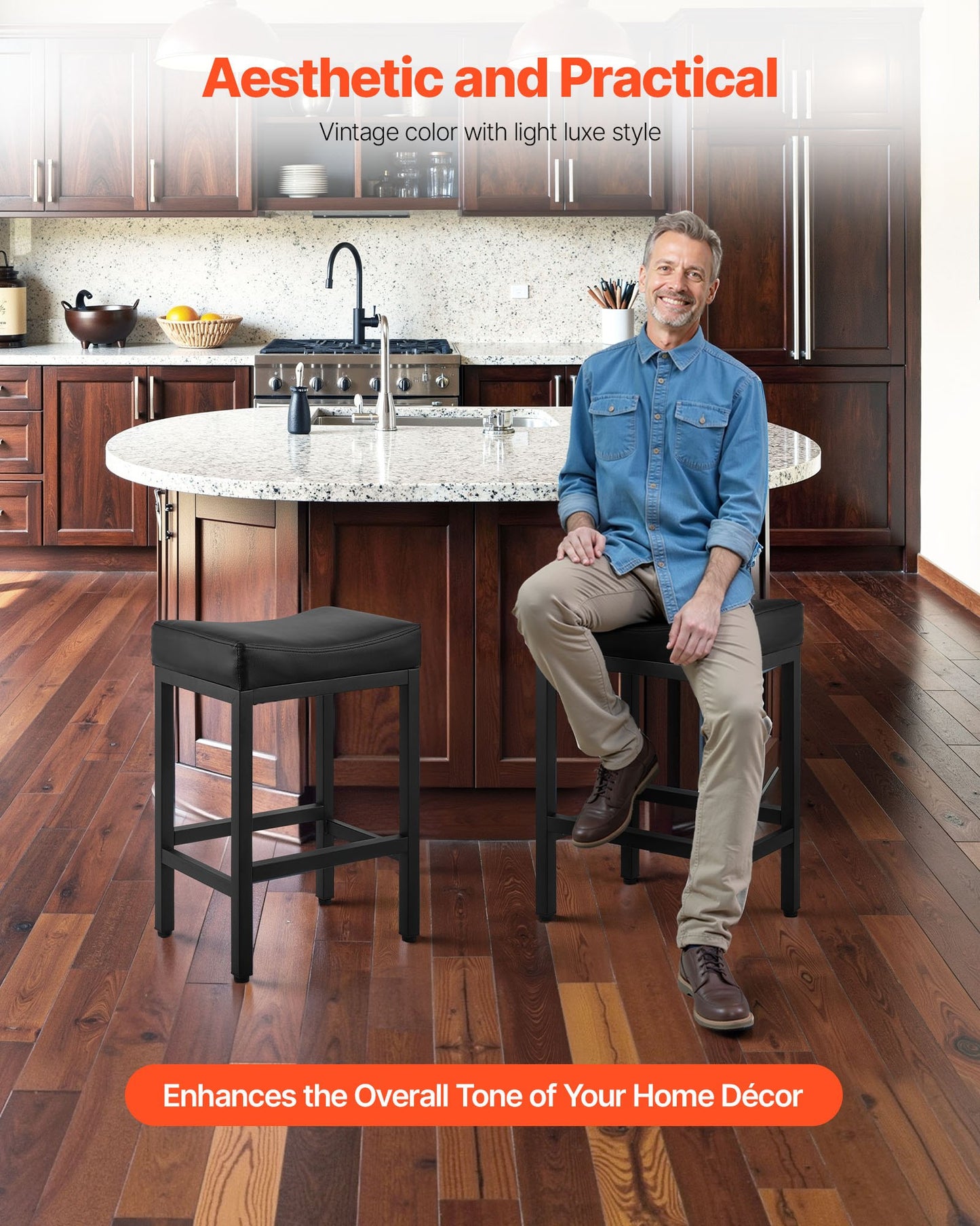 Bar Stool Set of 2, PU Leather Counter Height Stools, 62cm Barstool with Saddle-Seat and Metal Legs, Easy Assembly Backless Bar Chair, Island Barstools for Kitchen, Dining Room, Cafe, Black