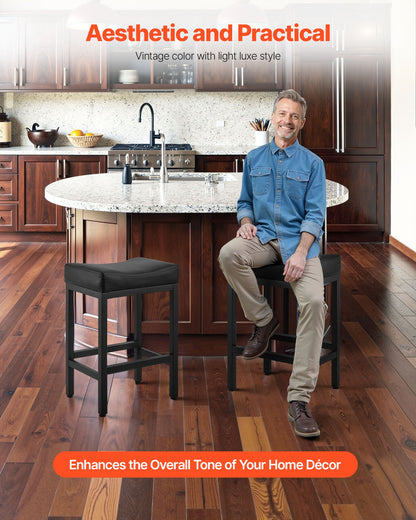 Bar Stool Set of 2, PU Leather Counter Height Stools, 62cm Barstool with Saddle-Seat and Metal Legs, Easy Assembly Backless Bar Chair, Island Barstools for Kitchen, Dining Room, Cafe, Black