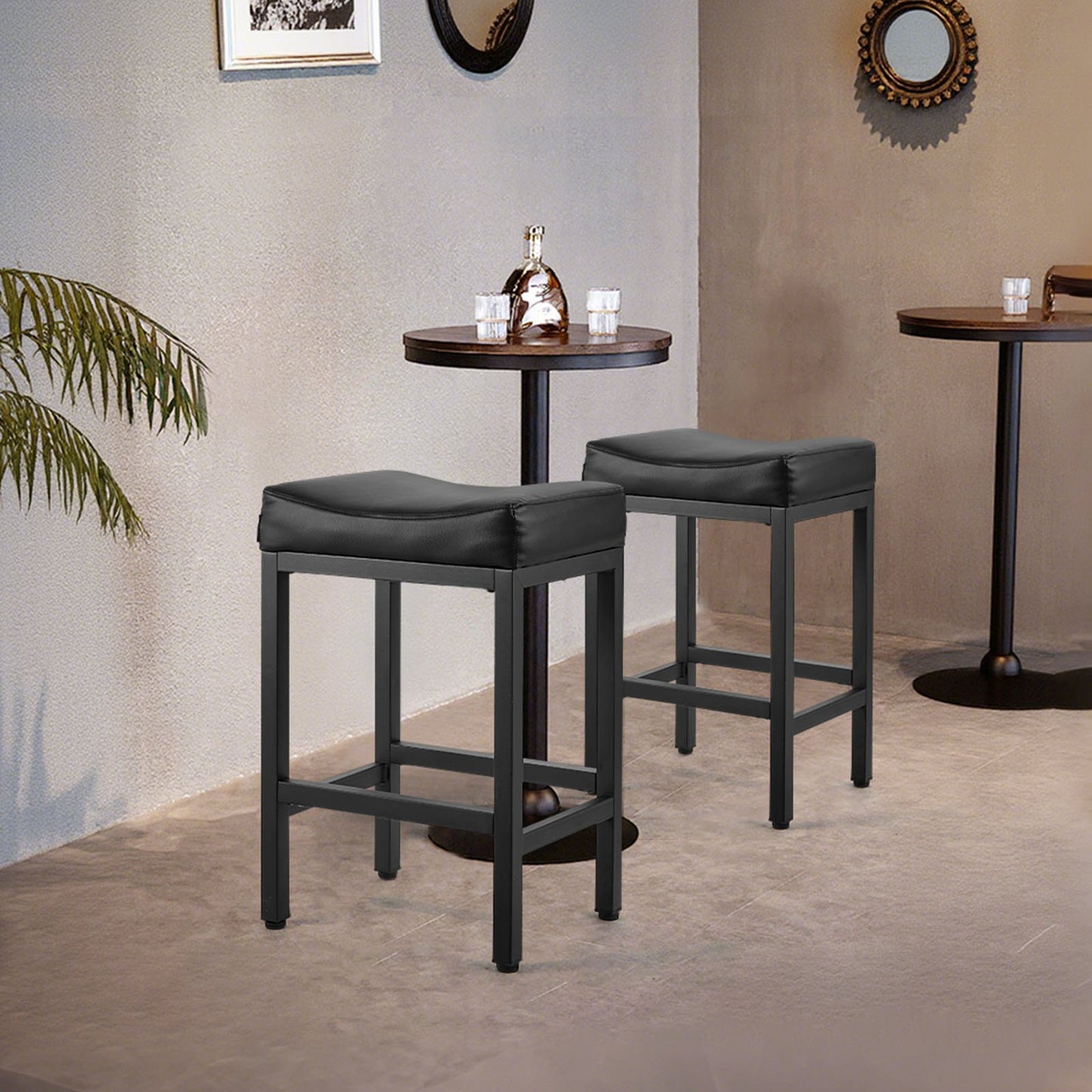 Bar Stool Set of 2, PU Leather Counter Height Stools, 62cm Barstool with Saddle-Seat and Metal Legs, Easy Assembly Backless Bar Chair, Island Barstools for Kitchen, Dining Room, Cafe, Black