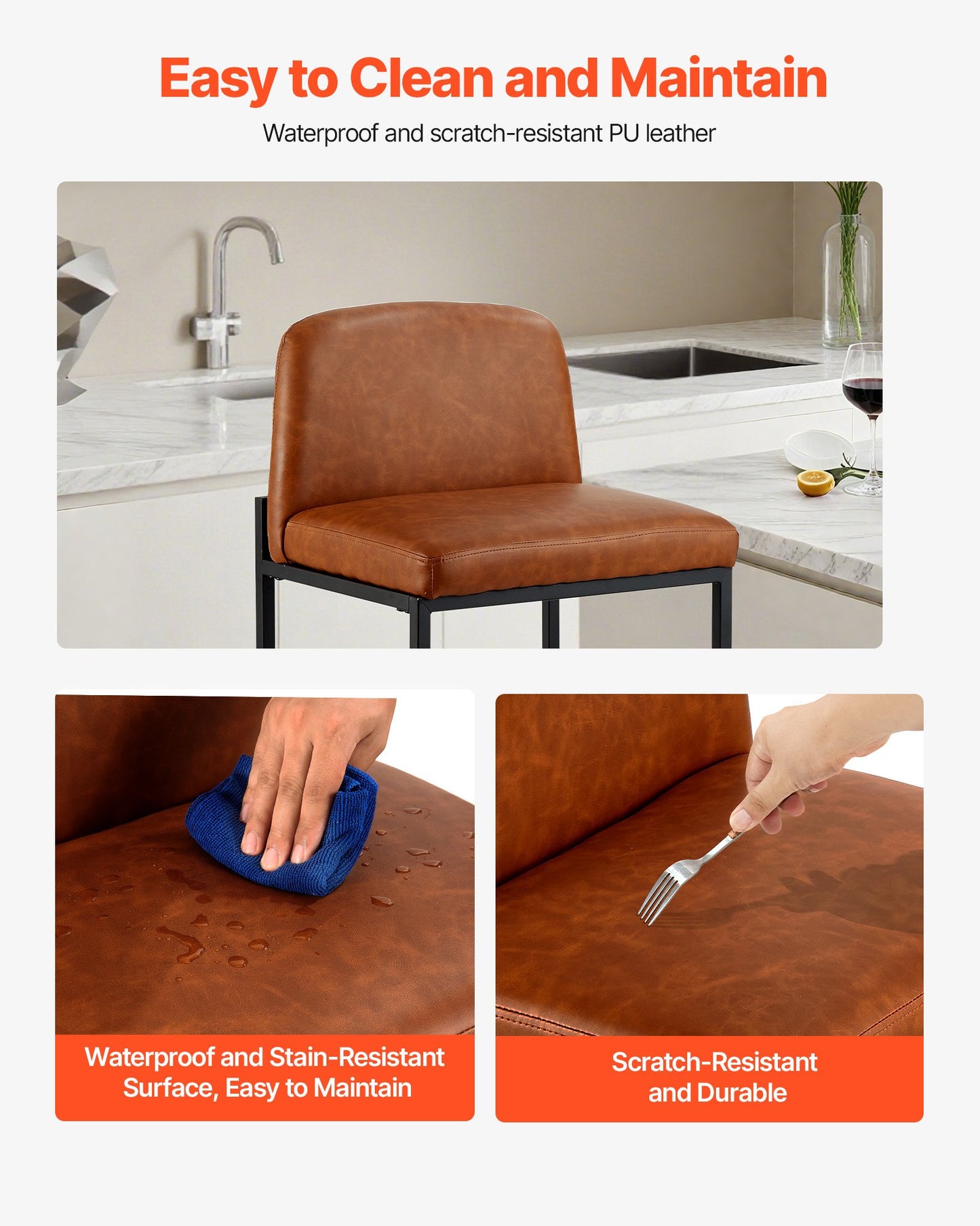 Barhocker-Set, 4er-Set, 68 cm hohe Tresenhocker, moderner Tresenhocker aus PU-Leder mit Rückenlehne, Metallbeine, einfach zu montieren, armloser Barhocker, Küchen- und Esszimmerhocker, Braun