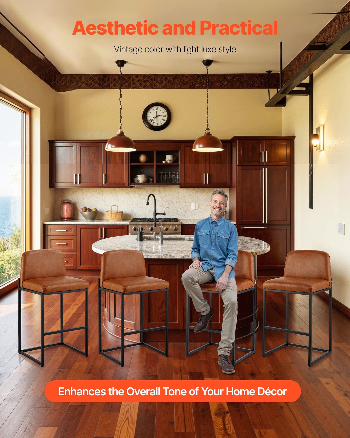 Barhocker-Set, 4er-Set, 68 cm hohe Tresenhocker, moderner Tresenhocker aus PU-Leder mit Rückenlehne, Metallbeine, einfach zu montieren, armloser Barhocker, Küchen- und Esszimmerhocker, Braun