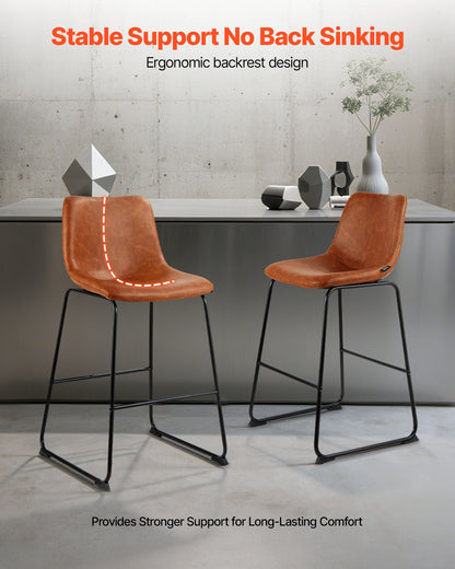 Barhocker-Set, 4er-Set, 65 cm hohe Tresenhocker, moderner Tresenhocker aus PU-Leder mit Rückenlehne, Metallbeine, einfach zu montieren, armloser Barhocker, Küchen- und Esszimmerhocker, Braun