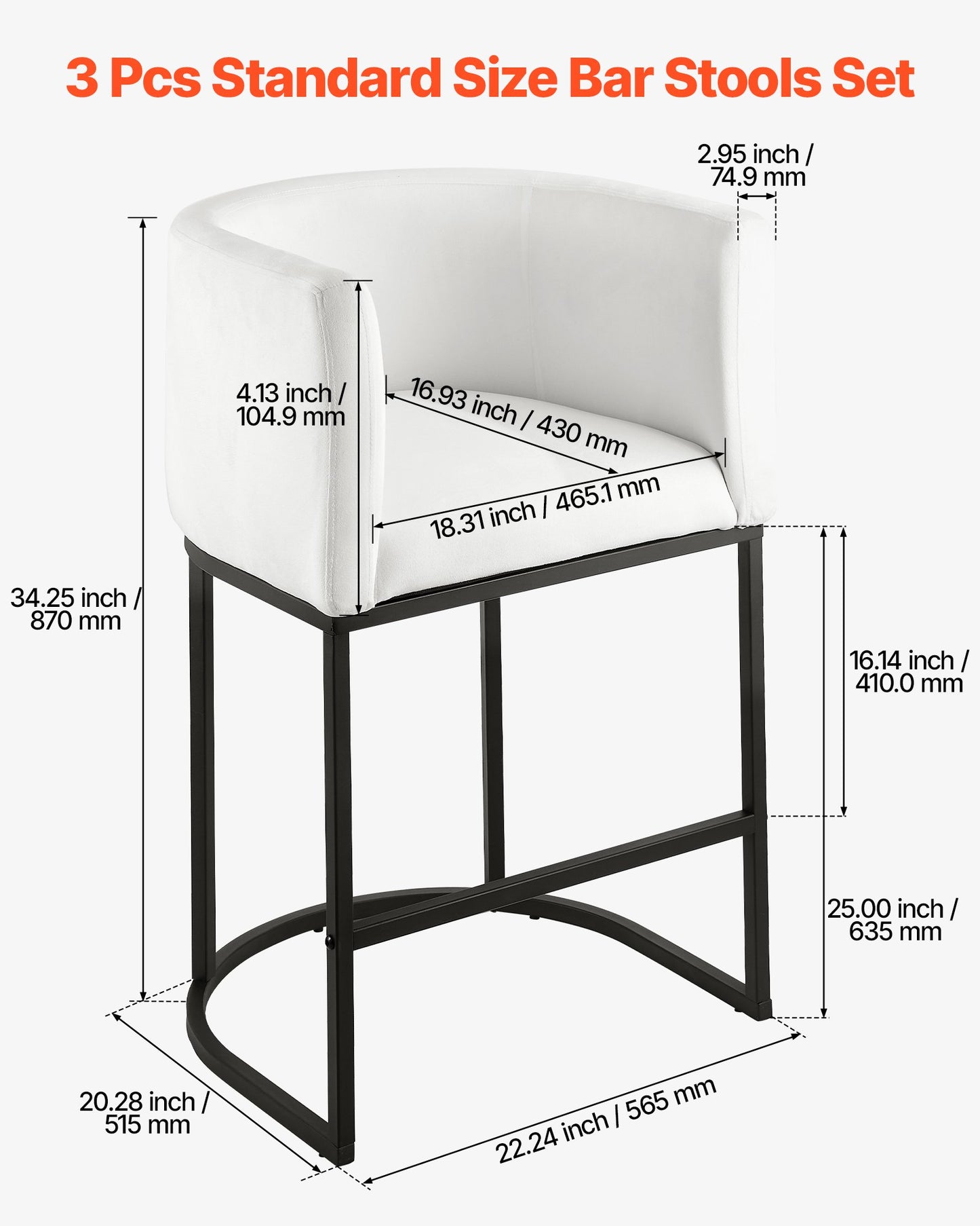 Bar Stool Set of 3, 63cm Counter Height Stools, Counter Barstool with Backrest, Arm, Metal Frame, and Footrest, Accent Fabric Bar Chair, Island Barstools for Kitchen, Dining Room, White