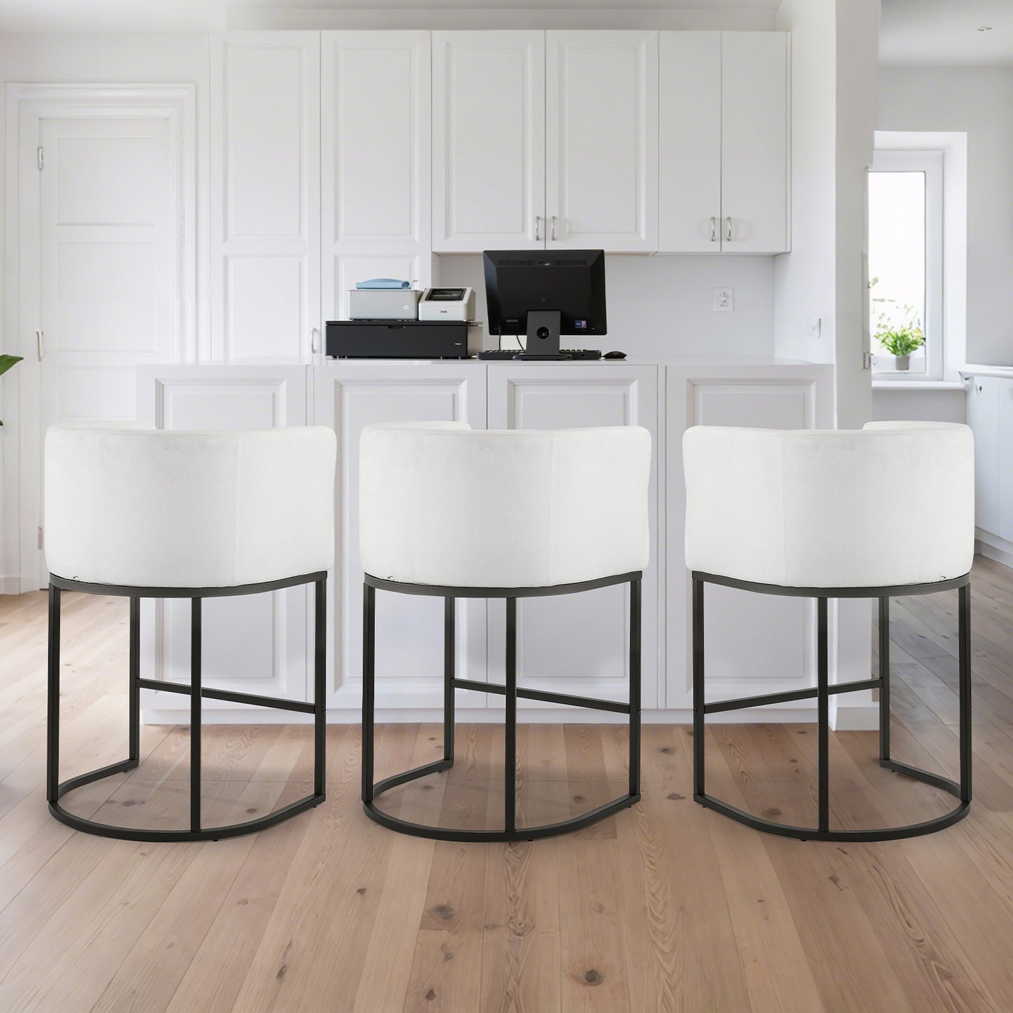 Bar Stool Set of 3, 63cm Counter Height Stools, Counter Barstool with Backrest, Arm, Metal Frame, and Footrest, Accent Fabric Bar Chair, Island Barstools for Kitchen, Dining Room, White