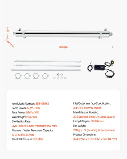 UV Water Purifier, 55W 12GPM, 220V Versatile Ultraviolet Water Purifier Filter with Stainless Steel Housing, Whole House UV Water Filter with Quartz Sleeve Fit for Shower/Drinking/Cleaning