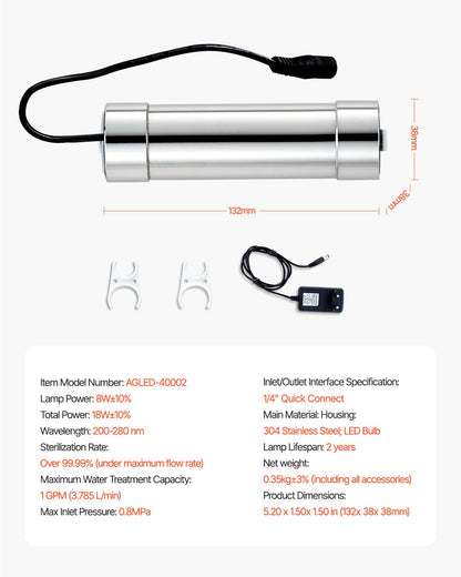 UV Water Purifier, 8W 1GPM, 220V Versatile Ultraviolet Water Purifier Filter with Stainless Steel Housing, Whole House UV Water Filter with Quartz Sleeve Fit for Shower/Drinking/Cleaning