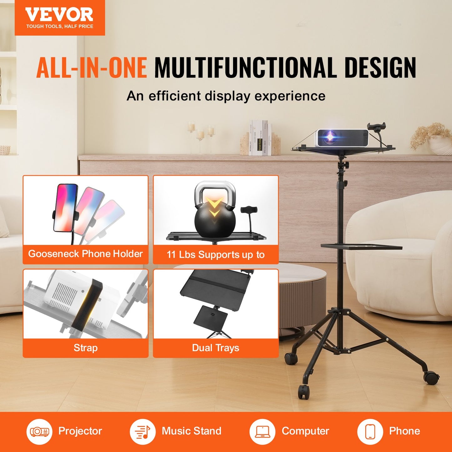 Projector Stand with Wheels, Laptop Stand Tripod Adjustable Height from 31.3 to 67.3", Projector Tripod Stand with 2 Trays & Gooseneck Phone Holder, for Outdoor Movies, Home, Office or Studio