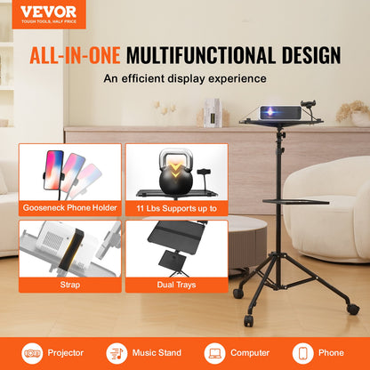 Projector Stand with Wheels, Laptop Stand Tripod Adjustable Height from 31.3 to 67.3", Projector Tripod Stand with 2 Trays & Gooseneck Phone Holder, for Outdoor Movies, Home, Office or Studio