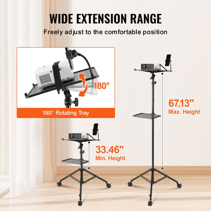 Projector Stand with Wheels, Laptop Stand Tripod Adjustable Height from 31.3 to 67.3", Projector Tripod Stand with 2 Trays & Gooseneck Phone Holder, for Outdoor Movies, Home, Office or Studio