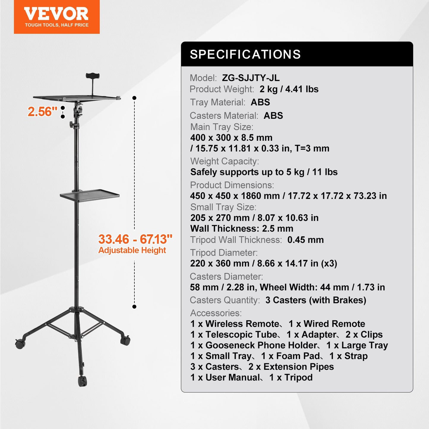 Projector Stand with Wheels, Laptop Stand Tripod Adjustable Height from 31.3 to 67.3", Projector Tripod Stand with 2 Trays & Gooseneck Phone Holder, for Outdoor Movies, Home, Office or Studio