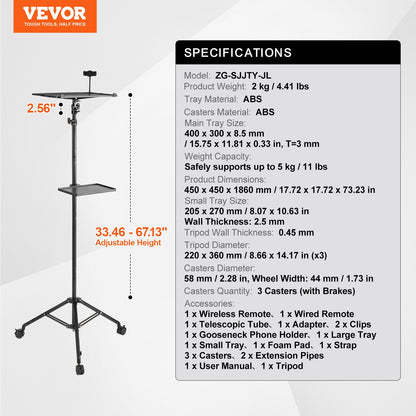 Projector Stand with Wheels, Laptop Stand Tripod Adjustable Height from 31.3 to 67.3", Projector Tripod Stand with 2 Trays & Gooseneck Phone Holder, for Outdoor Movies, Home, Office or Studio