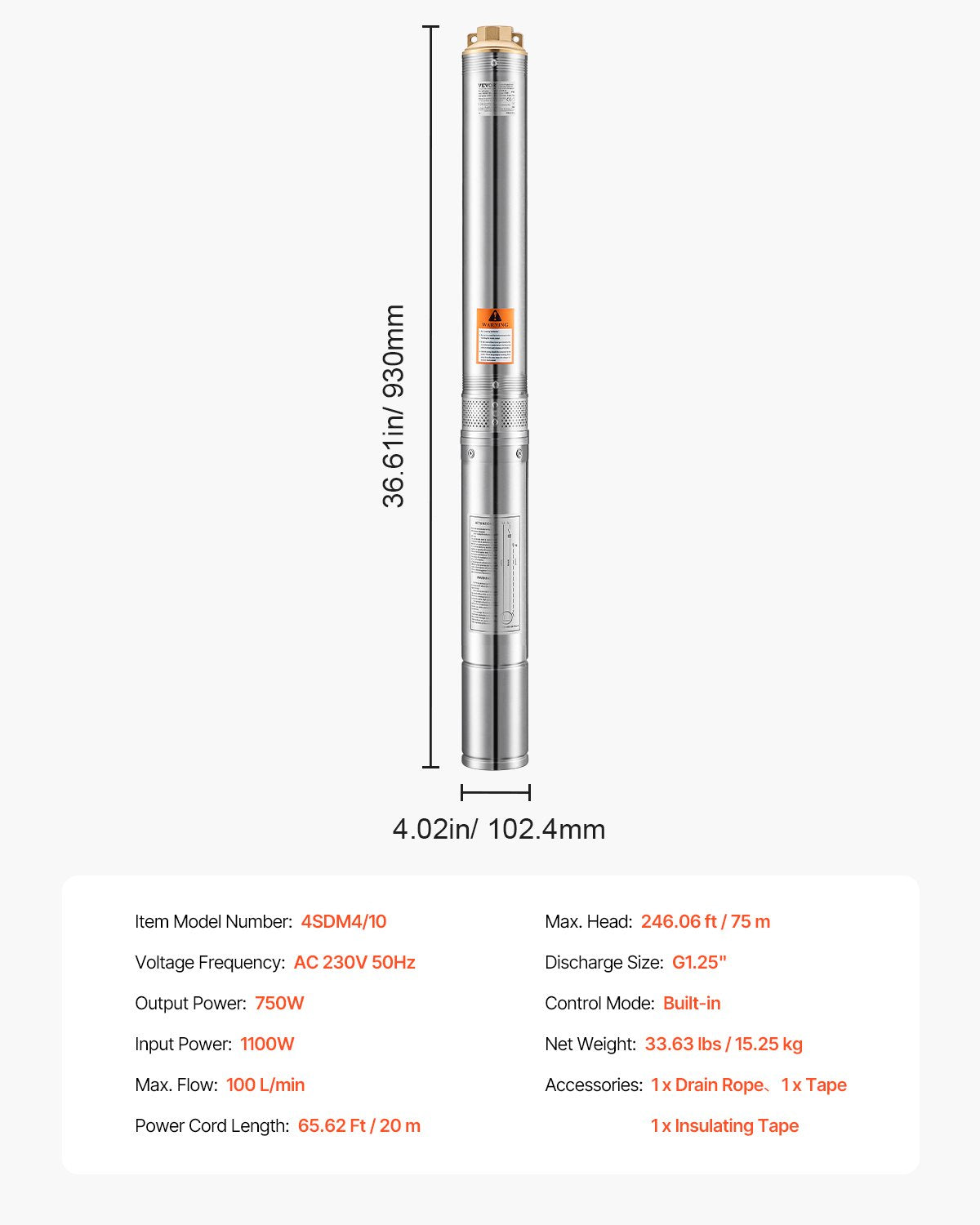 Tiefbrunnen-Tauchpumpe, 750 W Leistung, 230 V, 100 l/min Fördermenge, 75 m Förderhöhe, mit 20 m Kabel, Edelstahl-Wasserpumpe, für industrielle Bewässerung und Hausgebrauch, Schutzart IP68 (wasserdicht).