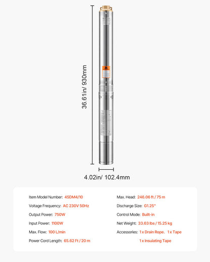 Tiefbrunnen-Tauchpumpe, 750 W Leistung, 230 V, 100 l/min Fördermenge, 75 m Förderhöhe, mit 20 m Kabel, Edelstahl-Wasserpumpe, für industrielle Bewässerung und Hausgebrauch, Schutzart IP68 (wasserdicht).