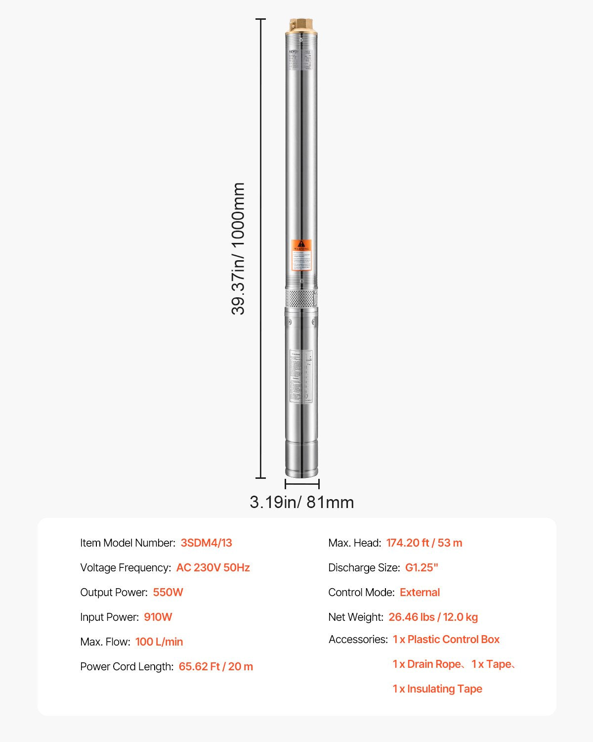 Tiefbrunnen-Tauchpumpe, 550 W Leistung, 230 V, 100 l/min Fördermenge, 53 m Förderhöhe, mit 20 m Kabel, externer Steuereinheit, Edelstahl-Wasserpumpe, für industrielle Bewässerung und Hausgebrauch, Schutzart IP68