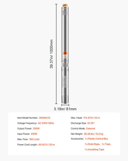 Tiefbrunnen-Tauchpumpe, 550 W Leistung, 230 V, 100 l/min Fördermenge, 53 m Förderhöhe, mit 20 m Kabel, externer Steuereinheit, Edelstahl-Wasserpumpe, für industrielle Bewässerung und Hausgebrauch, Schutzart IP68