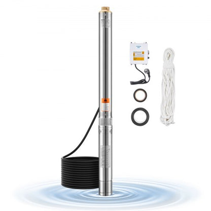 Tiefbrunnen-Tauchpumpe, 550 W Leistung, 230 V, 65 l/min Fördermenge, 64 m Förderhöhe, mit 20 m Kabel, externer Steuereinheit, Edelstahl-Wasserpumpe, für industrielle Bewässerung und Hausgebrauch, Schutzart IP68