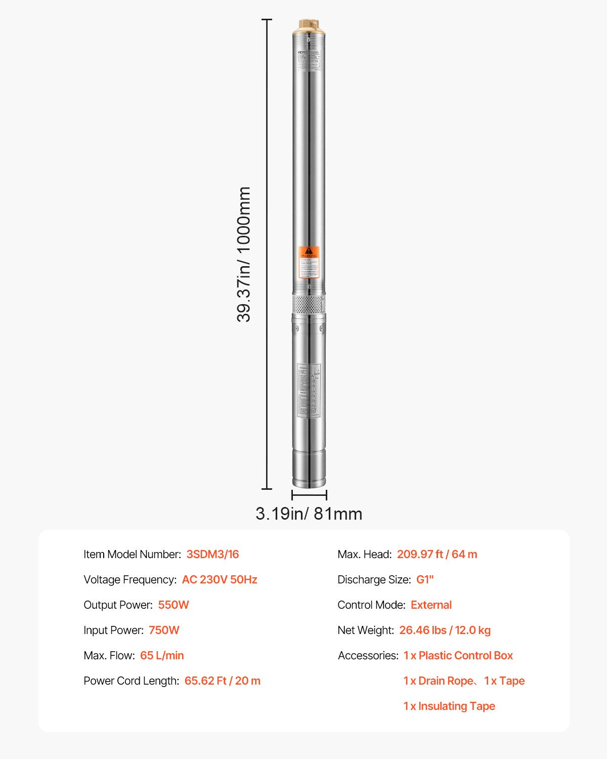 Tiefbrunnen-Tauchpumpe, 550 W Leistung, 230 V, 65 l/min Fördermenge, 64 m Förderhöhe, mit 20 m Kabel, externer Steuereinheit, Edelstahl-Wasserpumpe, für industrielle Bewässerung und Hausgebrauch, Schutzart IP68