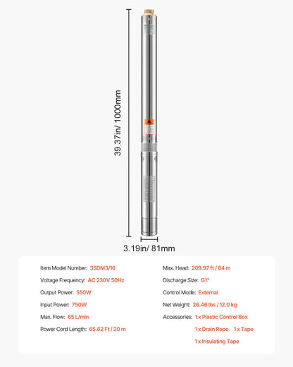 Tiefbrunnen-Tauchpumpe, 550 W Leistung, 230 V, 65 l/min Fördermenge, 64 m Förderhöhe, mit 20 m Kabel, externer Steuereinheit, Edelstahl-Wasserpumpe, für industrielle Bewässerung und Hausgebrauch, Schutzart IP68