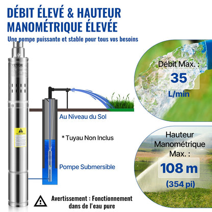 Tiefbrunnen-Tauchpumpe, 550 W, 230 V/50 Hz, 35 l/min, 108 m Förderhöhe, sandbeständig (&lt; 5 %), 20 m Netzkabel, 7,6 cm Edelstahl-Wasserpumpe für Industrie, Bewässerung und Haushalt, IP68 wasserdicht