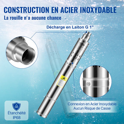 Tiefbrunnen-Tauchpumpe, 550 W, 230 V/50 Hz, 35 l/min, 108 m Förderhöhe, sandbeständig (&lt; 5 %), 20 m Netzkabel, 7,6 cm Edelstahl-Wasserpumpe für Industrie, Bewässerung und Haushalt, IP68 wasserdicht