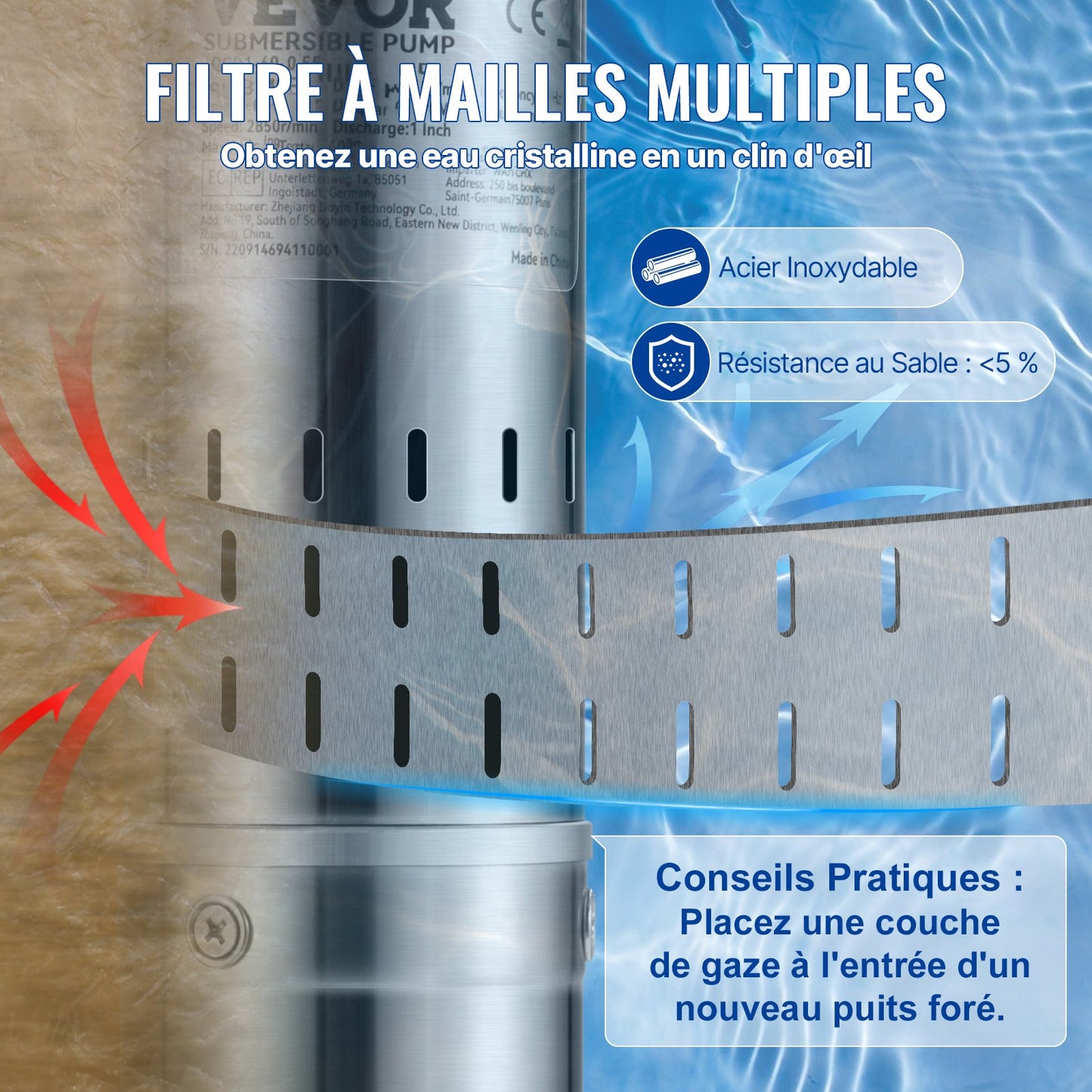 Tiefbrunnen-Tauchpumpe, 550 W, 230 V/50 Hz, 35 l/min, 108 m Förderhöhe, sandbeständig (&lt; 5 %), 20 m Netzkabel, 7,6 cm Edelstahl-Wasserpumpe für Industrie, Bewässerung und Haushalt, IP68 wasserdicht