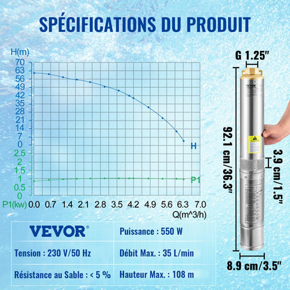 Tiefbrunnen-Tauchpumpe, 550 W, 230 V/50 Hz, 35 l/min, 108 m Förderhöhe, sandbeständig (&lt; 5 %), 20 m Netzkabel, 7,6 cm Edelstahl-Wasserpumpe für Industrie, Bewässerung und Haushalt, IP68 wasserdicht