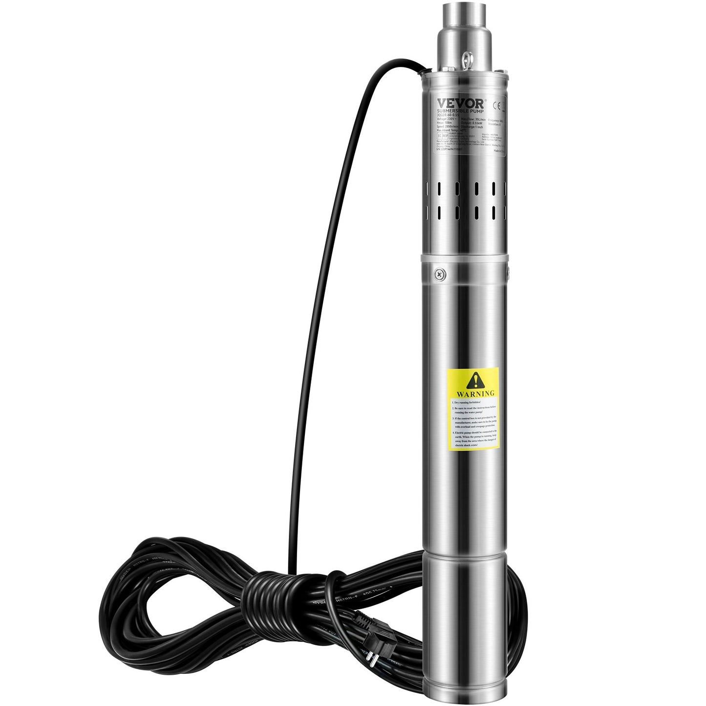 Tiefbrunnen-Tauchpumpe, 550 W, 230 V/50 Hz, 35 l/min, 108 m Förderhöhe, sandbeständig (&lt; 5 %), 20 m Netzkabel, 7,6 cm Edelstahl-Wasserpumpe für Industrie, Bewässerung und Haushalt, IP68 wasserdicht