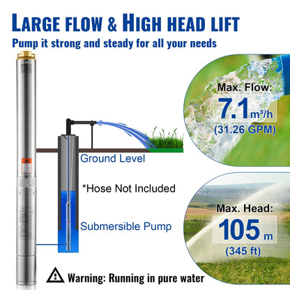Deep Well Submersible Pump, 1100W 230V 50Hz, 7.1 m³/h Max Flow 105 m Max Head with 19.4 m Electric Cord, Stainless Steel Water Pumps for Industrial Irrigation and Home Use, IP68 Waterproof Grade
