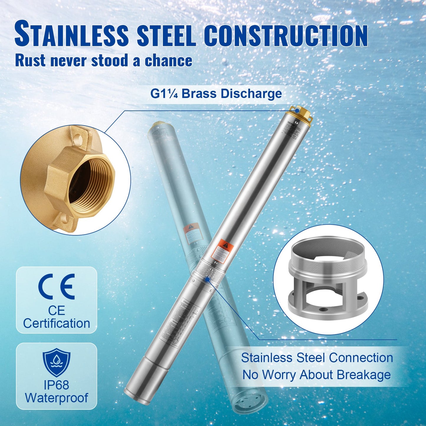 Deep Well Submersible Pump, 1100W 230V 50Hz, 7.1 m³/h Max Flow 105 m Max Head with 19.4 m Electric Cord, Stainless Steel Water Pumps for Industrial Irrigation and Home Use, IP68 Waterproof Grade