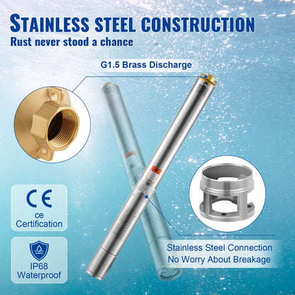 Tiefbrunnen-Tauchpumpe, 2 PS/1500 W, 230 V/50 Hz, Fördermenge 9,8 m³/h, Förderhöhe 108 m, mit 9,1 m langem Stromkabel, Edelstahl-Wasserpumpe für Industrie, Bewässerung und Haushalt, Schutzart IP68 (wasserdicht).